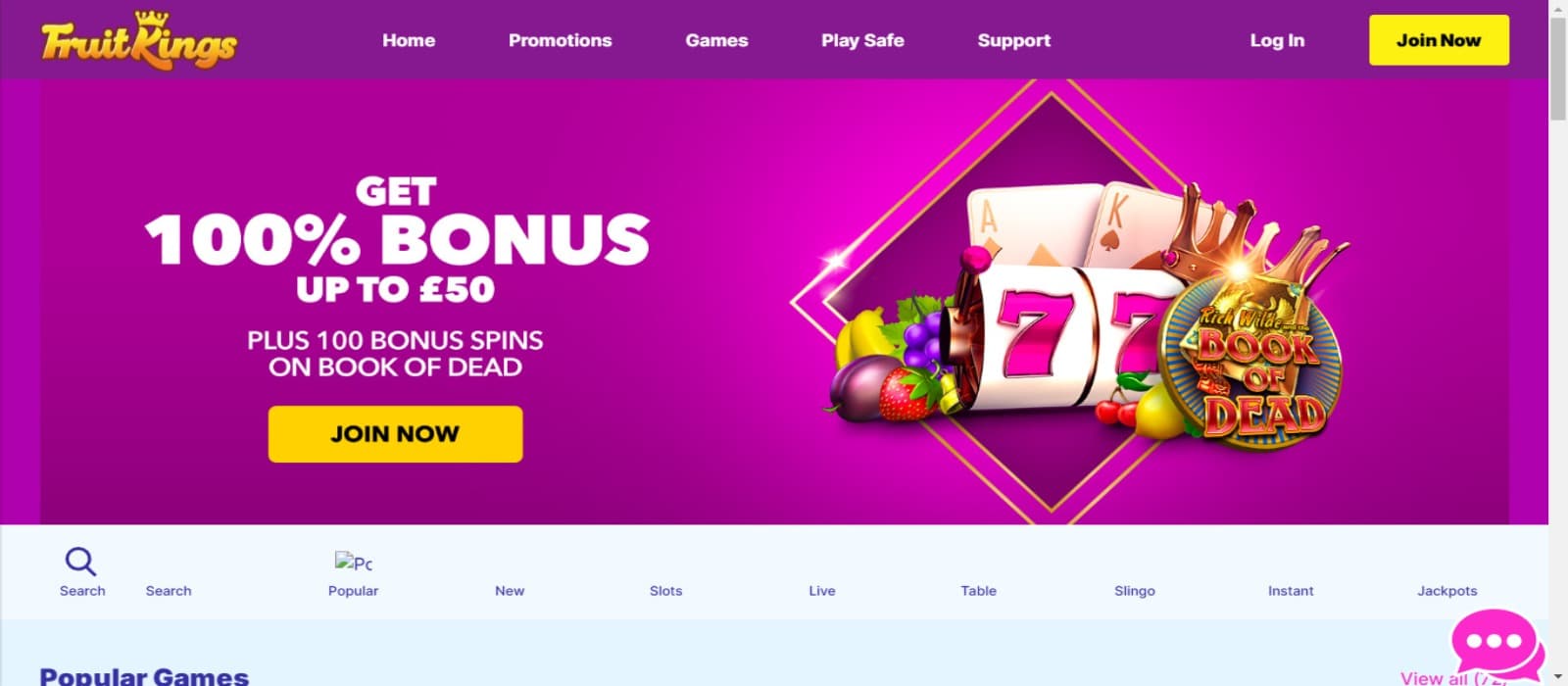 FruitKings Casino landing page with the welcome bonus offer and top navigational menus