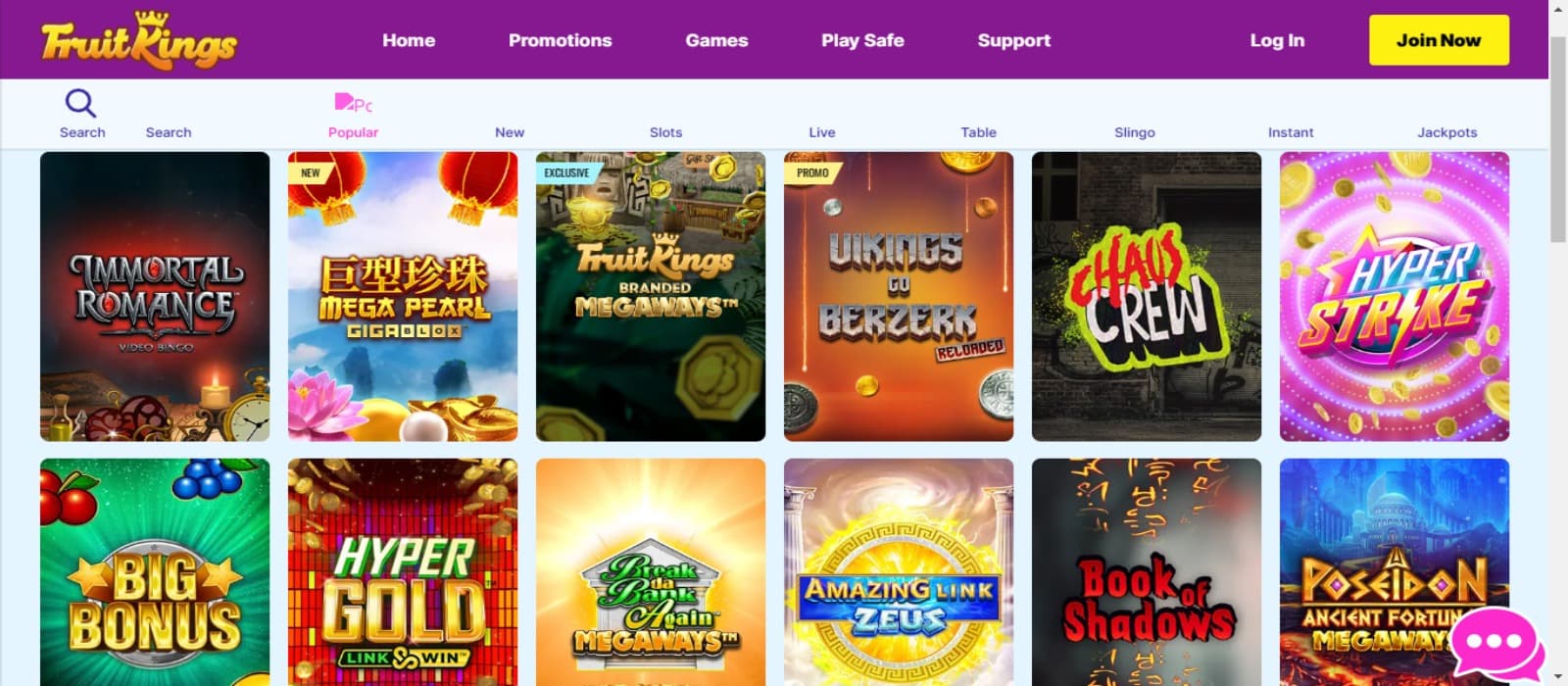 FruitKings Casino games page showing the colorful slot game icons and top navigational menus