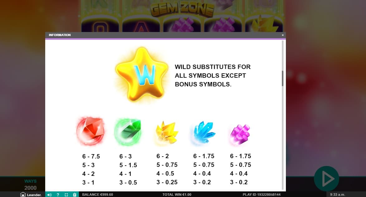 Gemzone Dynamic Ways Slot Paytable