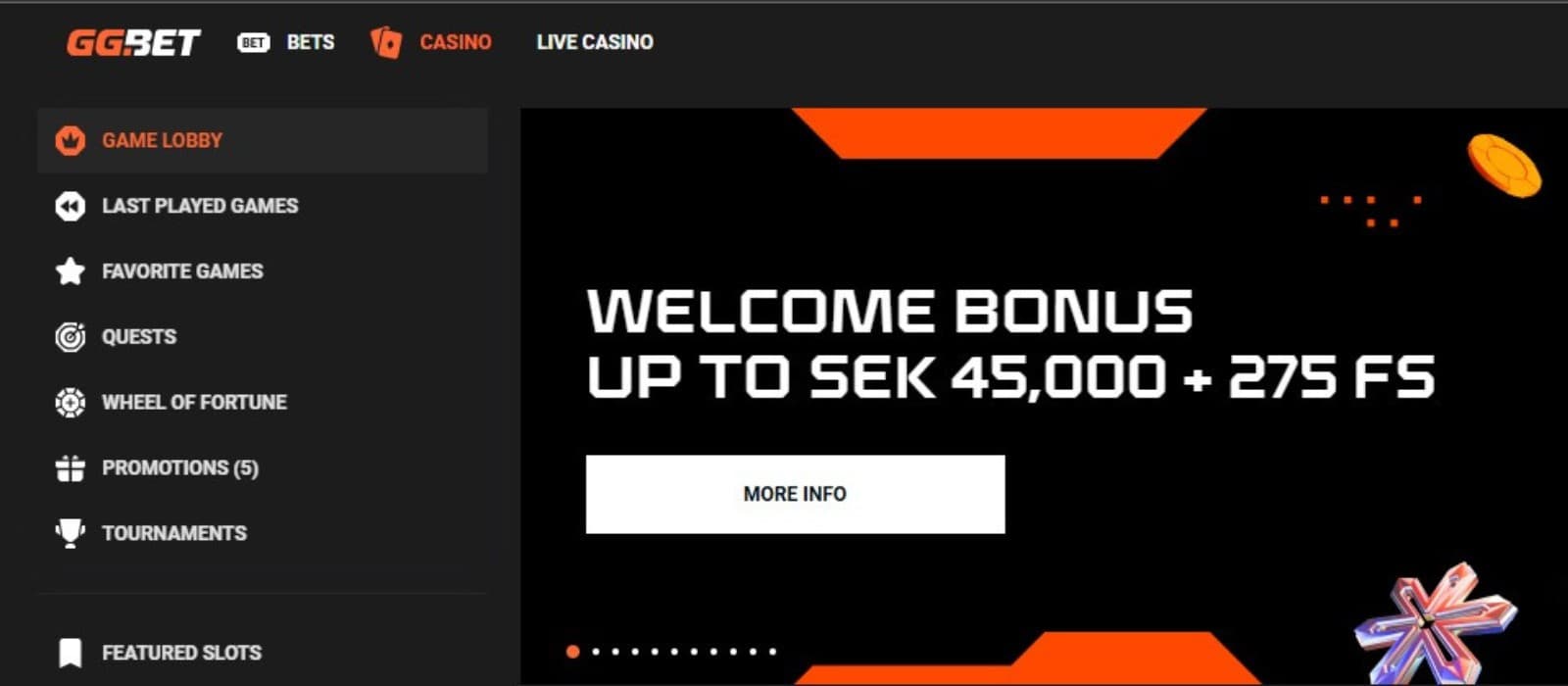 The landing page of GG.bet Casino shows the welcome bonus of up to SEK 45.000 and 275 free spins.