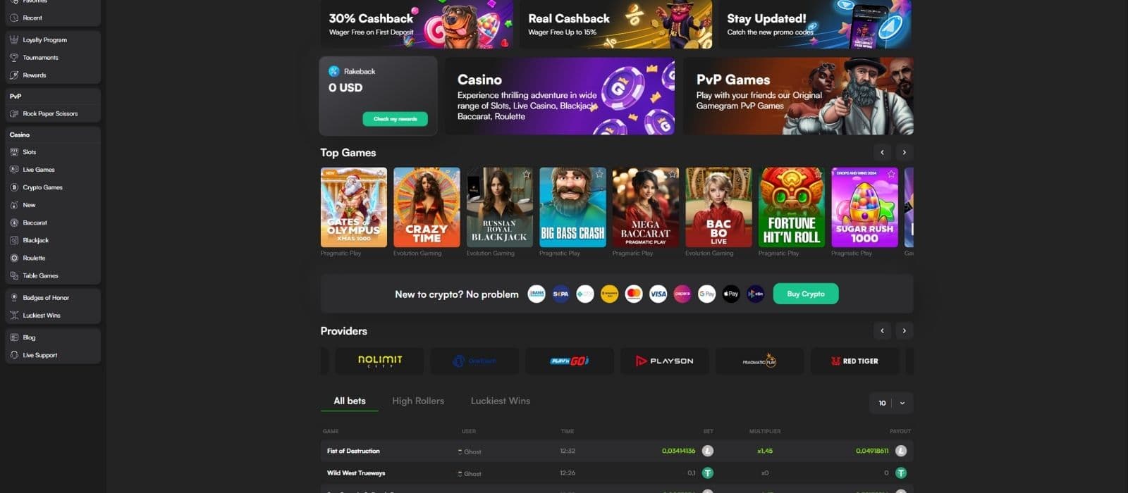 Gamegram Casino landing page showing popular slots, promotions, and the latest winners at the casino. 