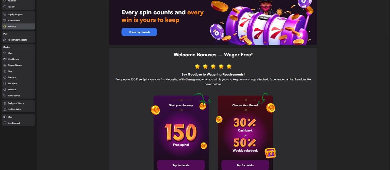 Gamegram Casino promotions page showing the selection of the two wager-free welcome bonuses. 