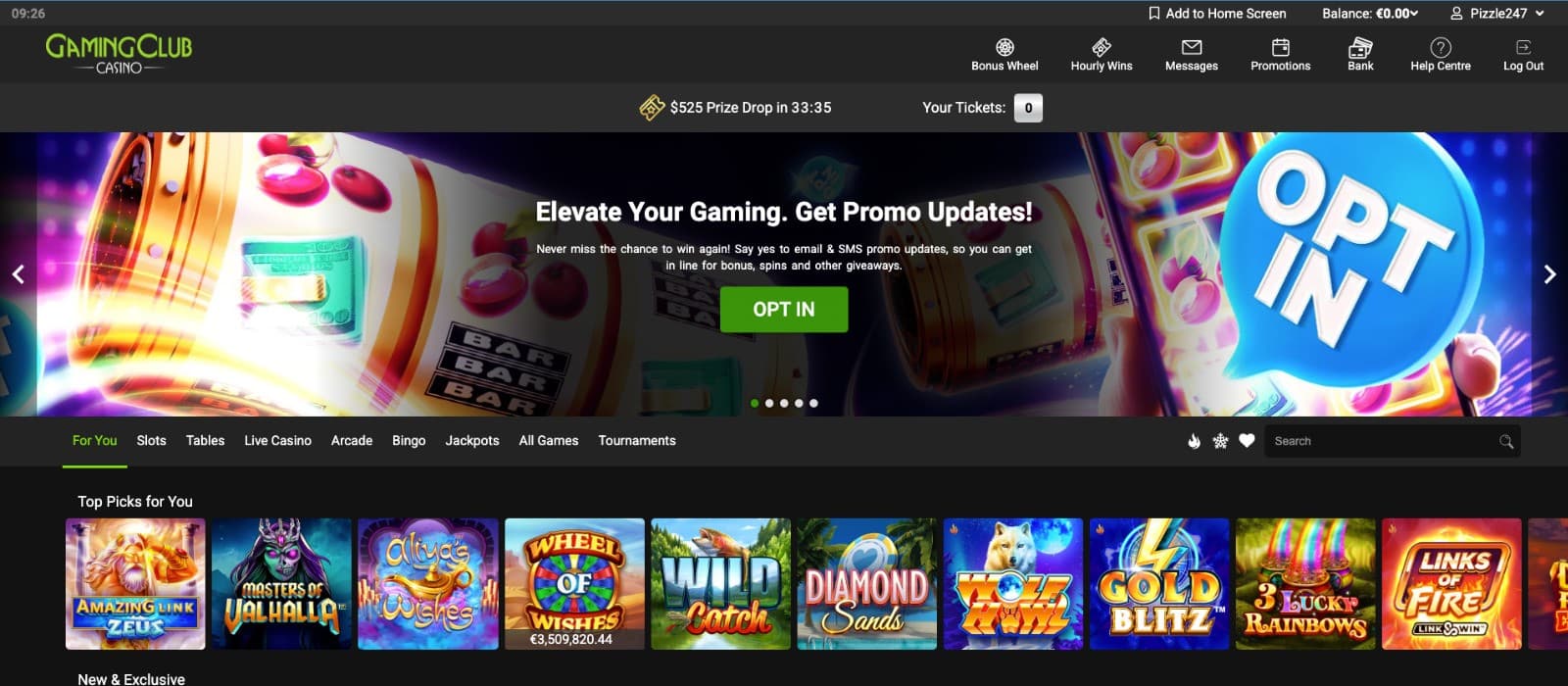 Gaming Club Casino's homepage, showing the game tabs against a slot machine background.