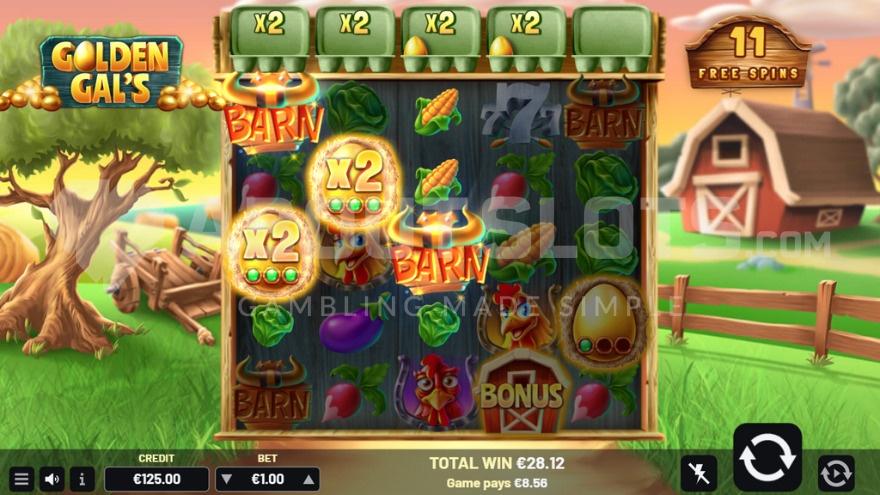 Free Spins feature with two multiplier symbols on the reels.