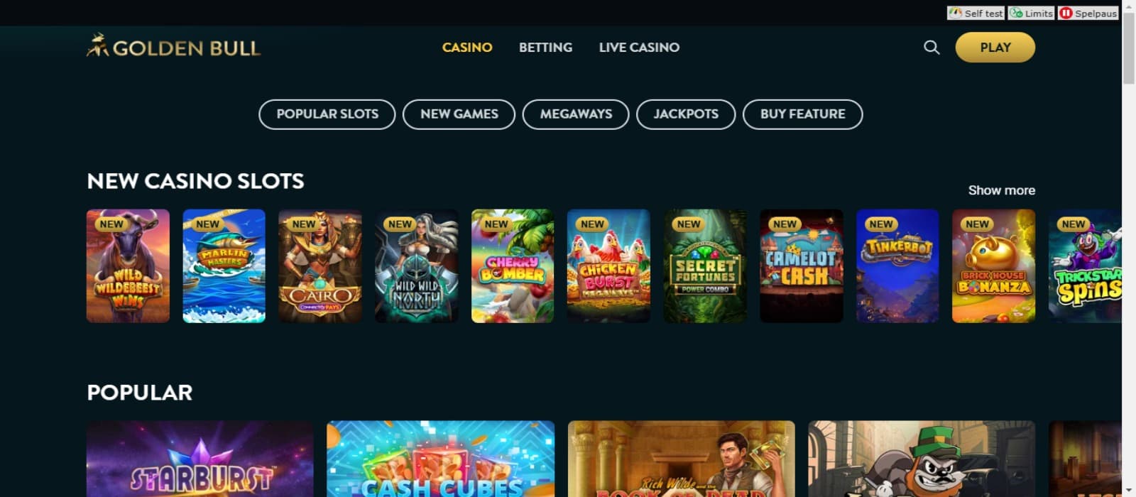 Golden Bull casino games page with the colorful slot game icons and top navigationa menus, different slot game categories and golden bull logo