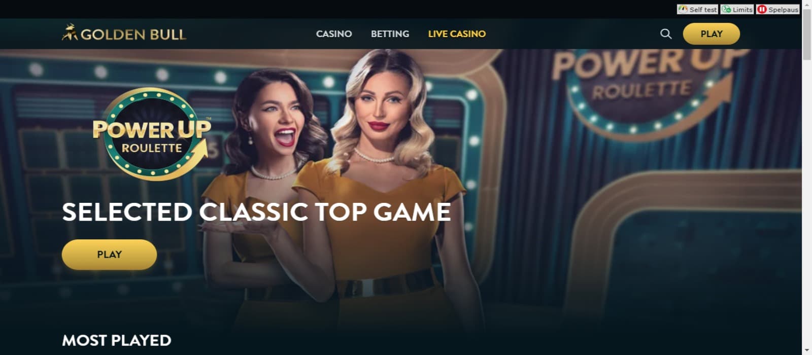 Golden bull landing page showing the colorful, animated banner of live casino and casino logo with navigation panel on top