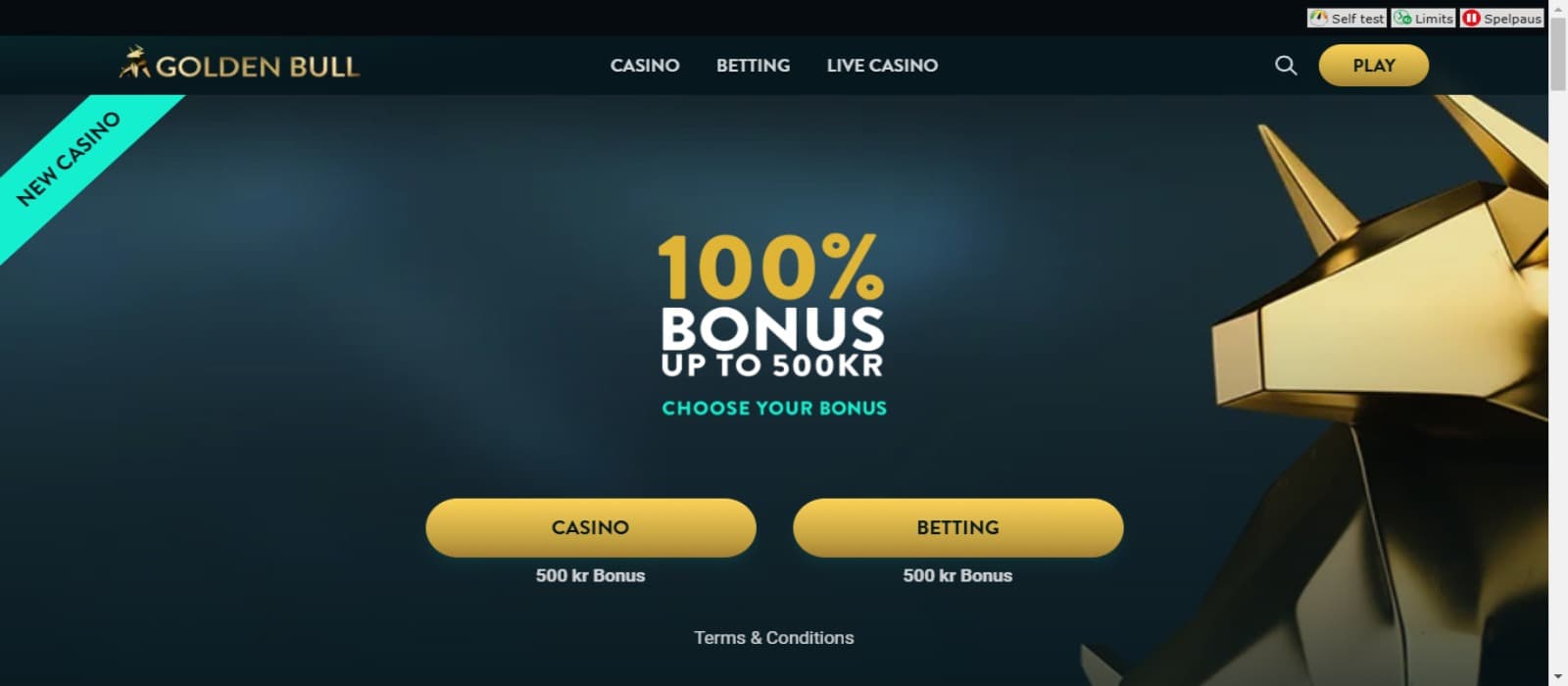 Golden Bull casino promotions page showing the welcome bonus banner for casino and betting