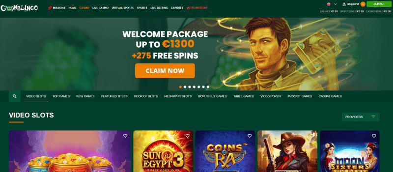 Gomblingo Casino homepage featuring a vibrant and exciting online casino experience with a variety of games, promotions, and bonuses.