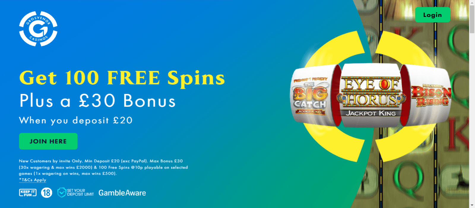 Grosvenor Casino promotions page showing the welcome bonus with a slot illustration