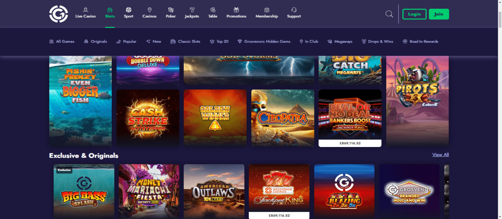 Grosvenor Casino game selection with colorful slot icons