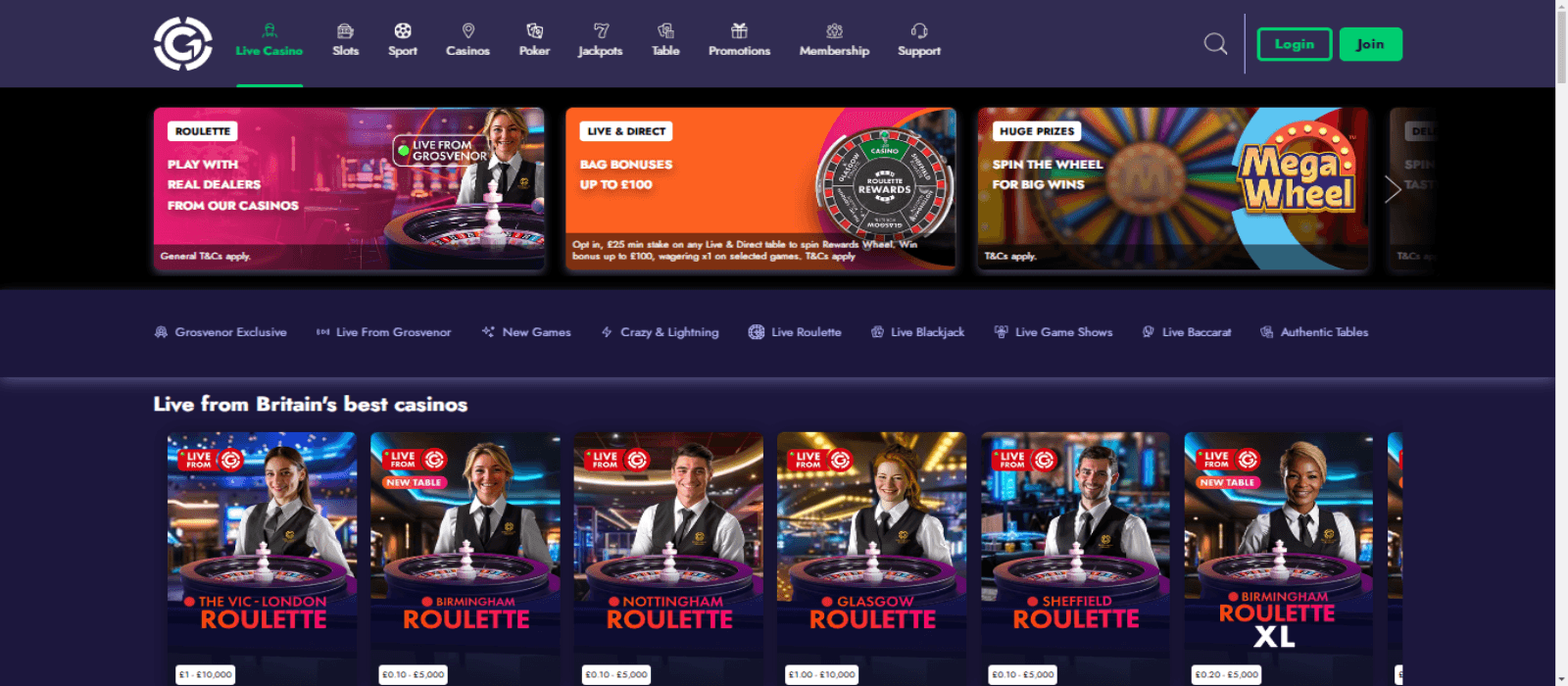 landing page of Grosvenor Casino with promotions banners and live games selection