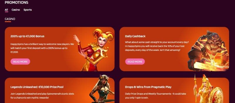 The promotions section of HappySpins casino displays the welcome bonus, daily cashback, and more.