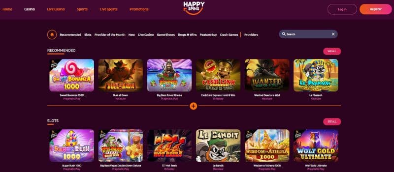 The games section of HappySpins Casino showcases a selection of colorful slots, such as Sweet Bonanza 1000 and more.