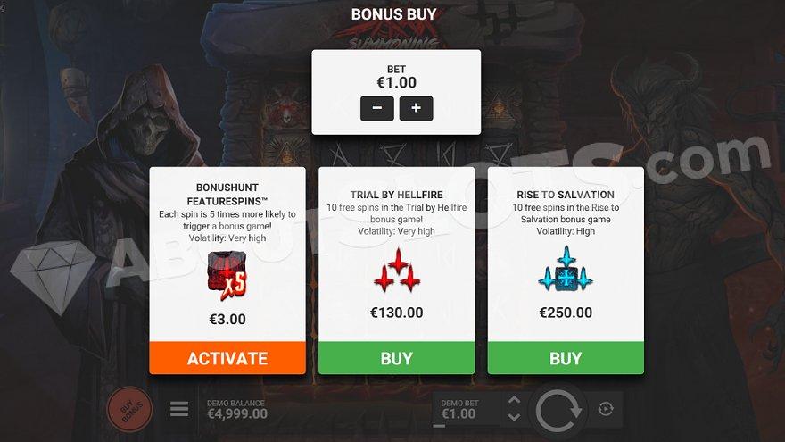 A menu where the player can purchase the Bonus Hunt Feature Spins ante bet and the Free Spin Features.