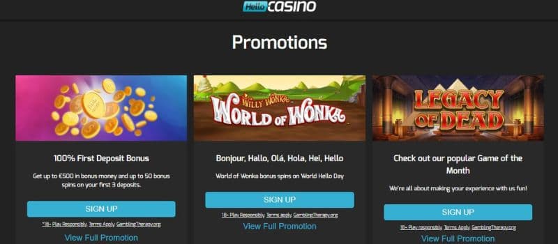 The promotions page of Hello Casino showcases a selection of casino bonuses, such as the 100% first deposit bonus and other ongoing bonuses.