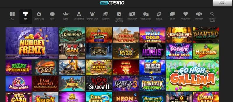 The games section of the Hello Casino promotes a selection of colourful slot games, such as Nugget Frenzy, Wolf Gold Ultimate, and more.