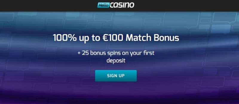 Hello Casino’s homepage displays the welcome bonus of up to 100 euros and 25 free spins on your first deposit on a dark blue banner.