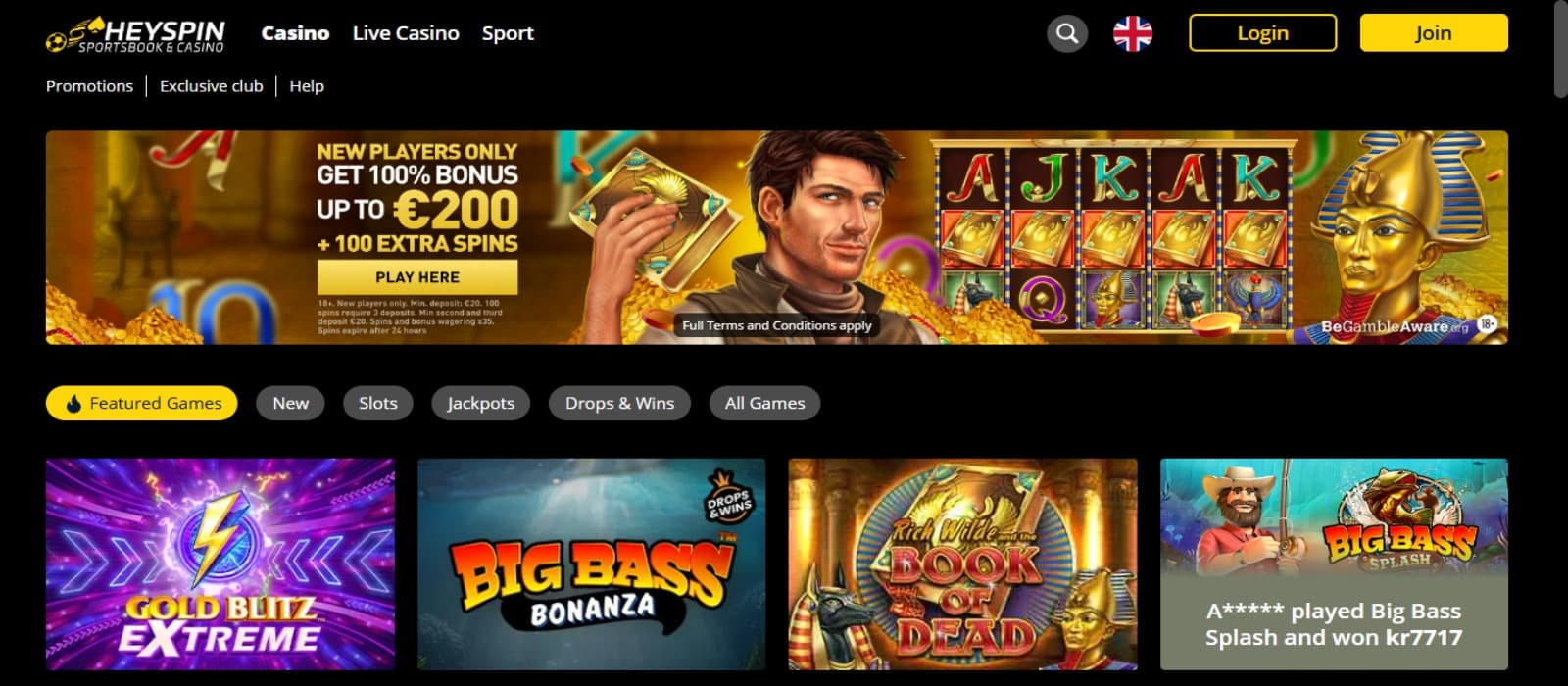 HeySpin casino landing page with various slot games banners and welcome bonus banner