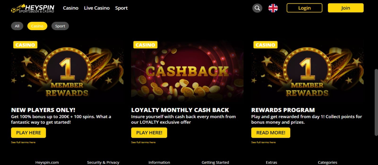 HeySpin casino promotions page with the welcome bonus banner, loyalty rewards program and cashback banner with black background