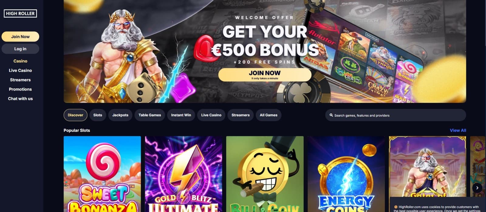 Highroller casino homepage with a sleek design and a wide selection of slots, table games, and live casino options.