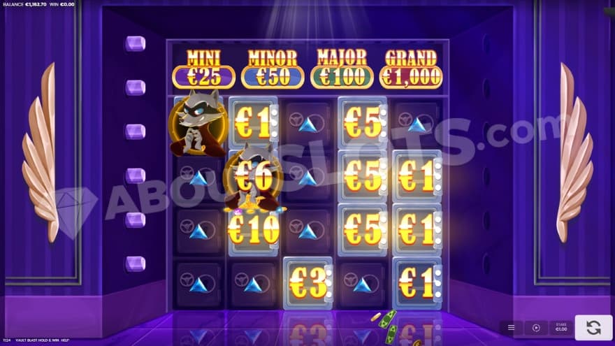 Hold and win feature with two racoon symbols on the reels.