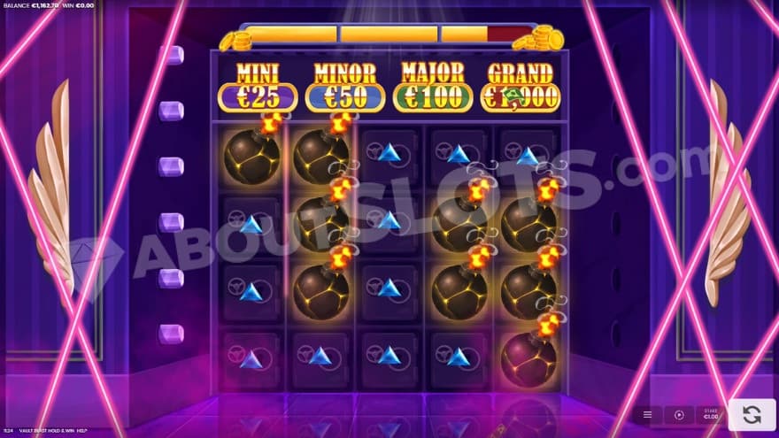 Nine bomb symbols on the reels during the hold and win feature.