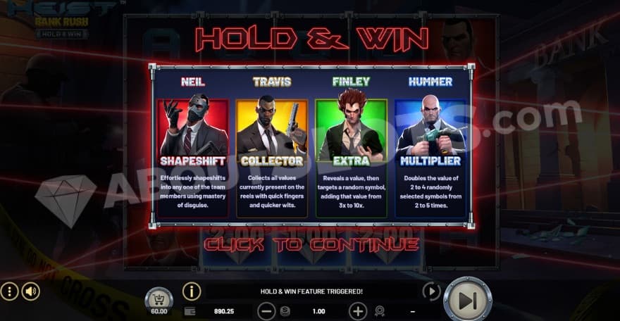 Intro to the hold and win feature, showing four special symbols.