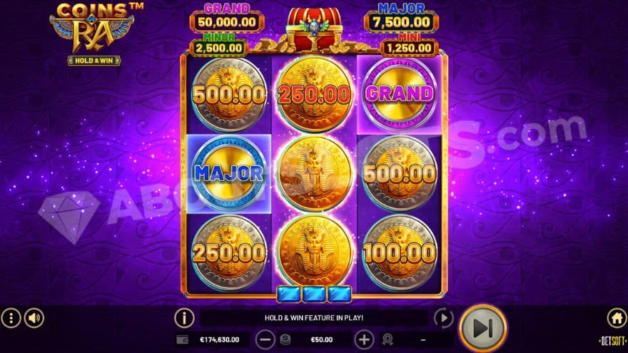 Hold and win bonus game with one Grand coin on the third reel.