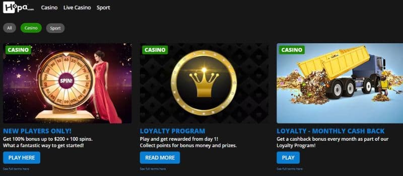 The promotions section of the Hopa Casino showcases casino bonuses, such as the welcome bonus, loyalty program, and monthly loyalty cashback.