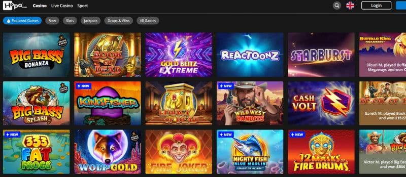  Hopa Casino’s games section showcases a selection of popular slot games, such as Big Bass Bonanza, Reactoonz, and more.