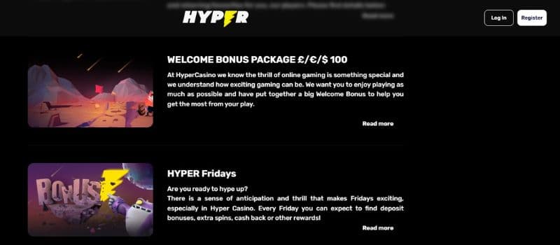 Hyper Casino's promotions page showcases the current bonuses such as the welcome bonus and Hyper Fridays offer.