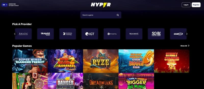 Hyper Casino's games section displays a search bar and provider filter that help players find their favorite games.