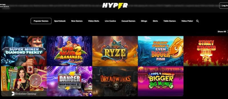  Homepage of the Hyper Casino invites players to enjoy a selection of games like popular games, new releases, and video slots.