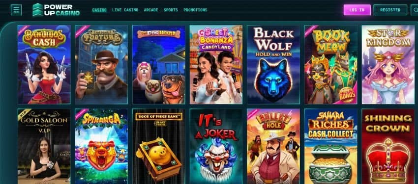 Slot games thumbnails with animated images and titles of some games in powerup casino