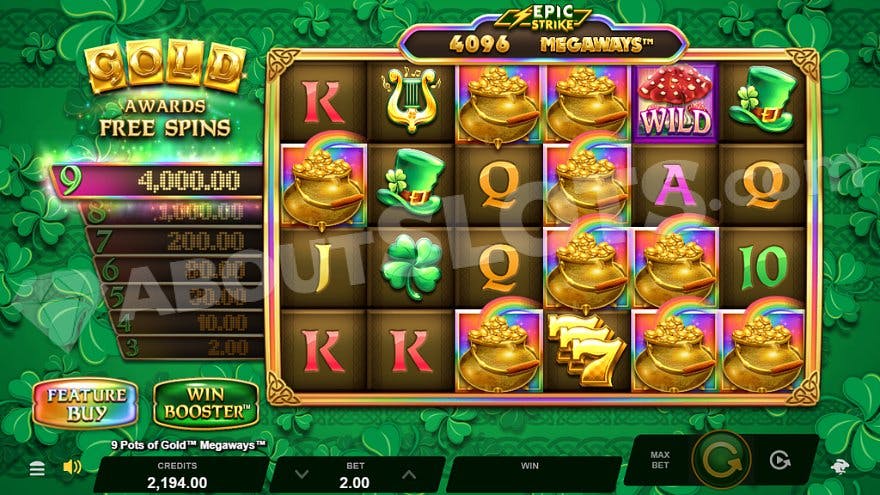 Nine pots of gold on the reels award the highest Epic Strike Prize of 2,000X the bet.