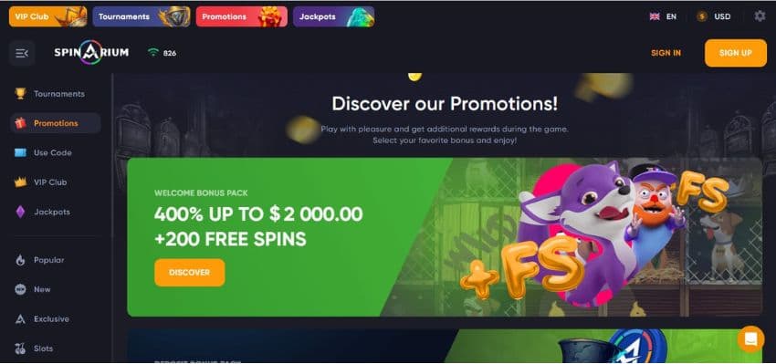 Spinarium Casino's promotions page, showing the first welcome bonus pack worth 400% up to €2,000 plus 200 free spins 