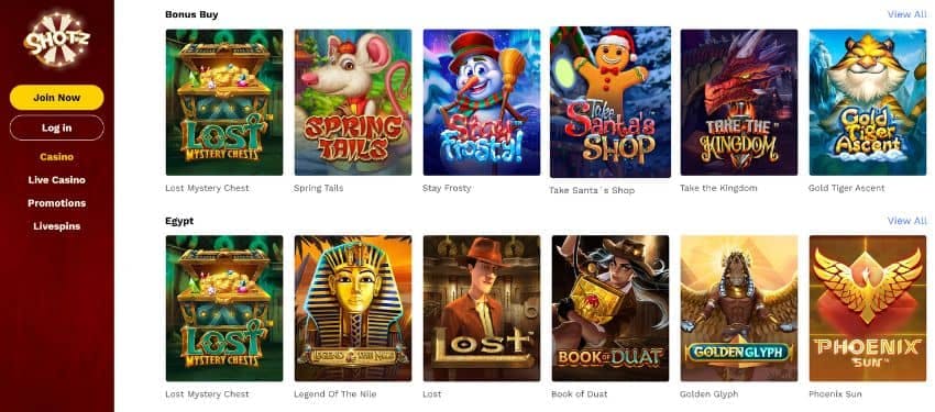 Collection of slots games on Shotz Casino featuring Bonus Buy and Egyptian themes.