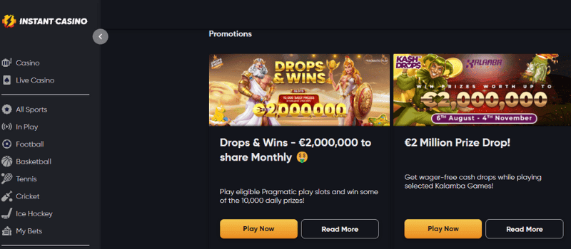 Casino bonuses including a €2 million monthly prize pool, wager-free cash drops, and a 40% bonus boost on bets.