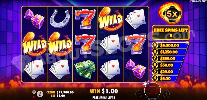 Free Spins bonus game with extra wilds on the reel strips.