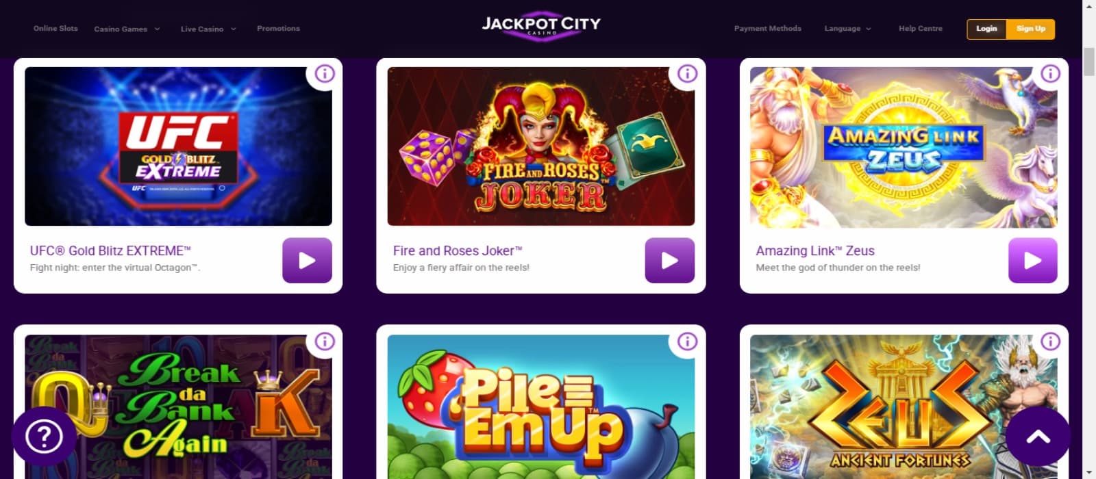 JackpotCity casino games page showing the colorful icons of various slot games and menus at the right hand top of the page