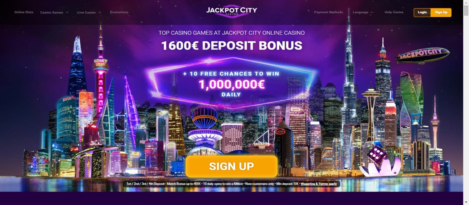 Jackpotcity Casino landing page showing the colorful banner of the welcome bonus package and menus at the top of the page