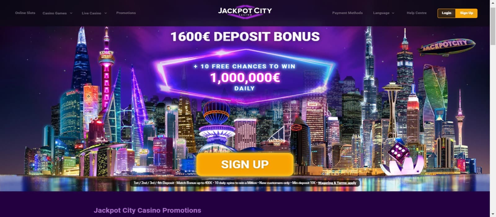 JackpotCity Casino promotions page showing the colorful banner of the welcome bonus package with sign up button and the logo of the casino