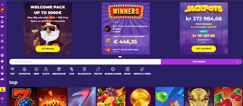 Jacktop casino homepage with a sleek and modern layout, highlighting popular games and bonuses.