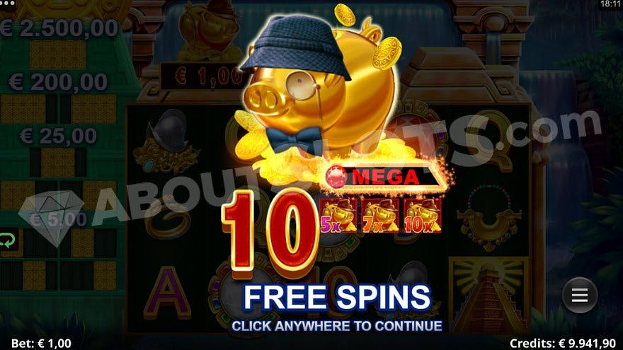 A golden piggy bank wearing hat and monocle with a text saying: "10 Free Spins."