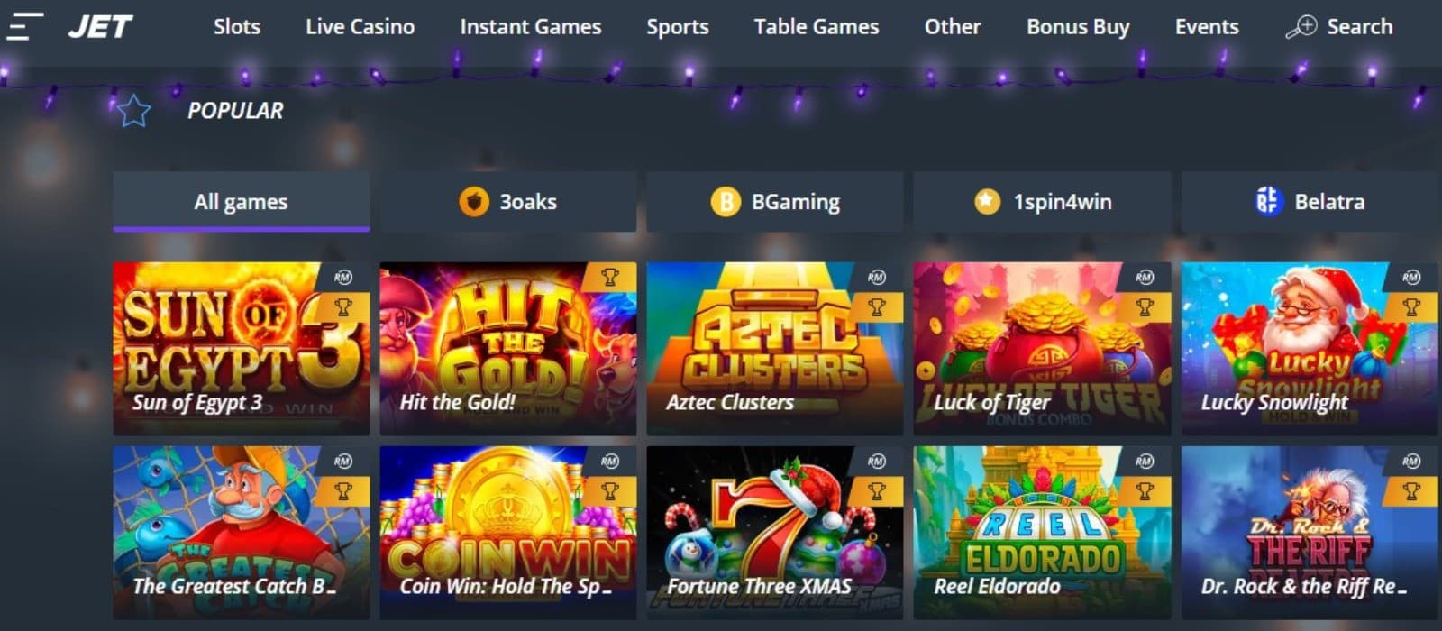 The games page of JetCasino displays the popular games offered by the best providers, such as Sun of Egypt 3, Hit the Gold, and more.