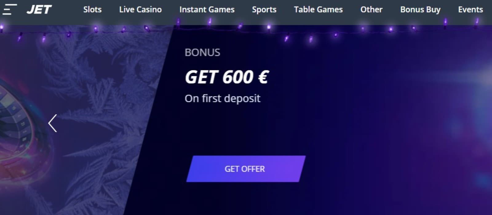 The landing page of JetCasino shows the first deposit bonus of 600 euros.