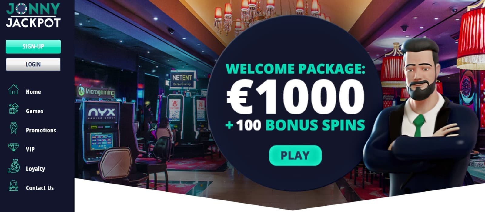 The landing page of Jonny Jackpot Casino presents the welcome bonus of up to 1000 euros and 100 bonus spins.