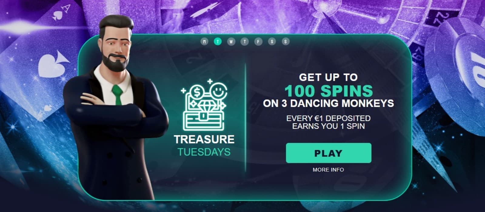 The promotions page of Jonny Jackpot Casino displays the Treasure Tuesdays offer.