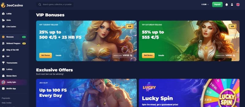 The promotions page of JooCasino displays a selection of bonuses, such as the VIP Tuesday reload, VIP Saturday reload, and more.