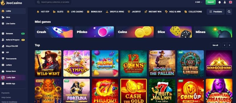 The games section of JooCasino displays a selection of slot games, such as Wild West and Gates of Olympus.